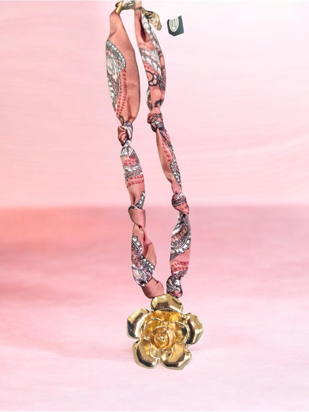 nOir Gold Flower Pendant Necklace/Choker w/Coral/Soft Pink Paisley Bandana/Scarf